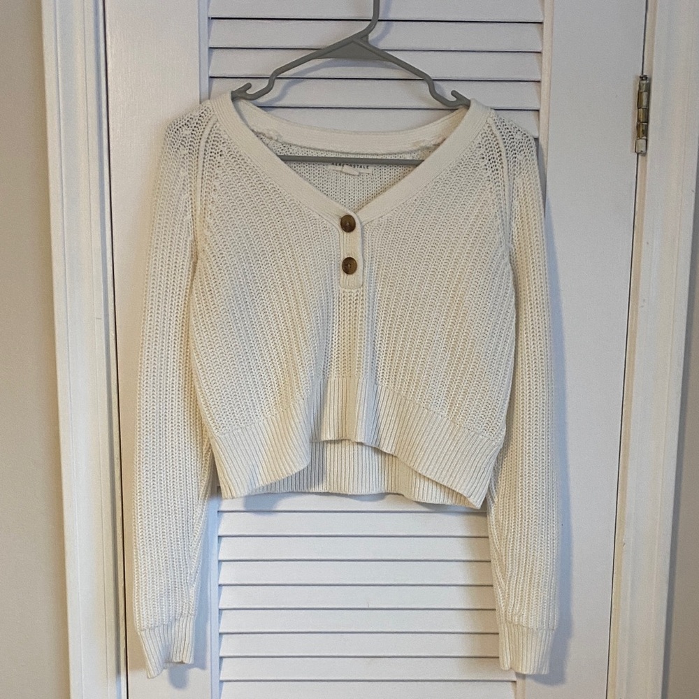 Aeropostale Cream V-Neck Sweater with Button Accents